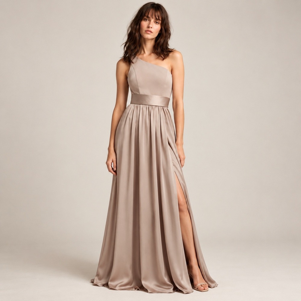 White by Vera Wang Gown Women 6 Taupe One Shoulder Satin Maxi Dress Formal